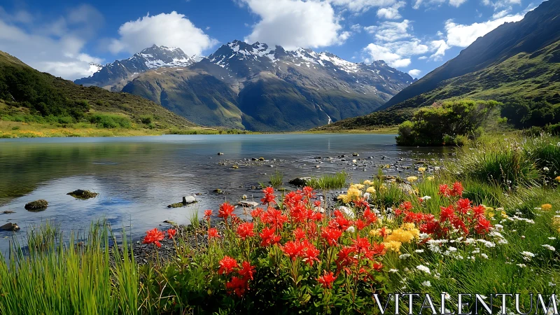 Alpine lake with wildflower foreground under snow-capped peaks