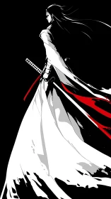 Solitary samurai in sweeping cloak on stark black field.