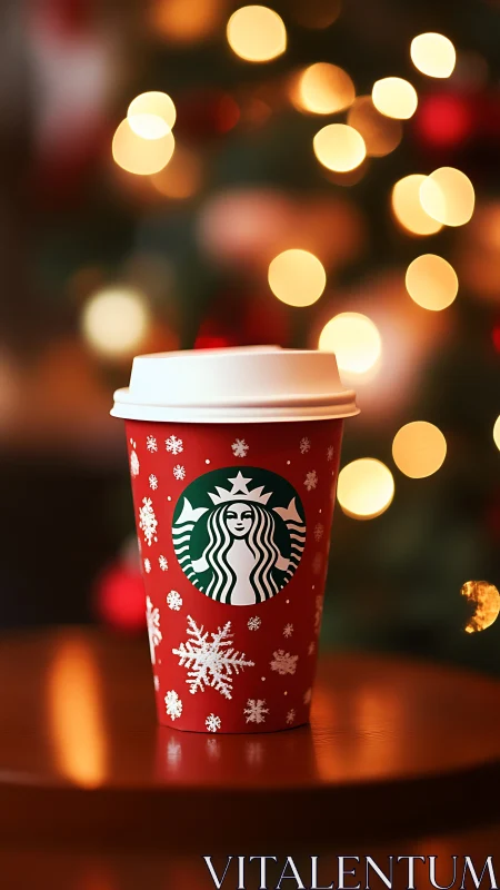 Red holiday coffee cup on table with warm lights behind.