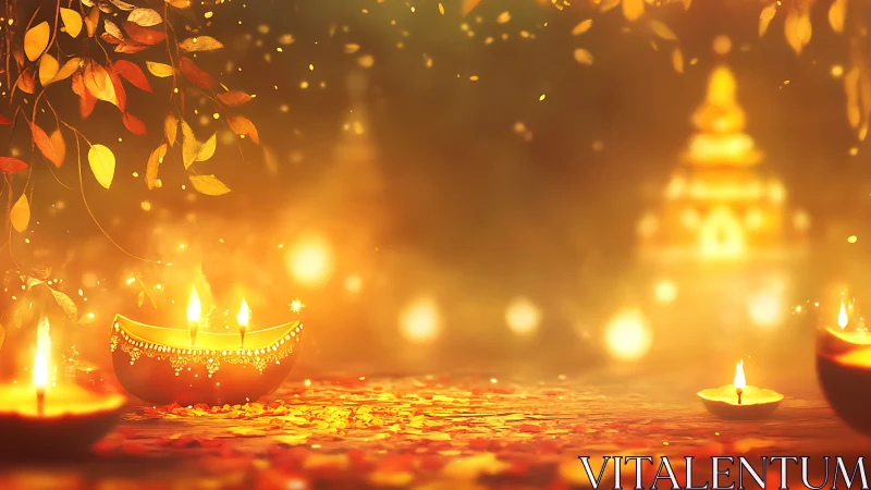Digital painting of festive diyas with bokeh temple glow.