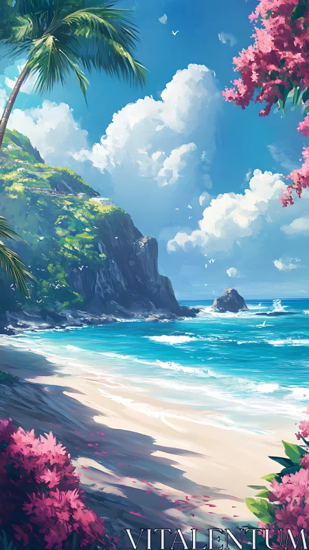 Tropical Beach Cove with Pink Flowers and Ocean Cliffs