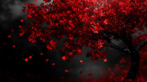 High contrast red-leaf tree rendered against desaturated foggy void