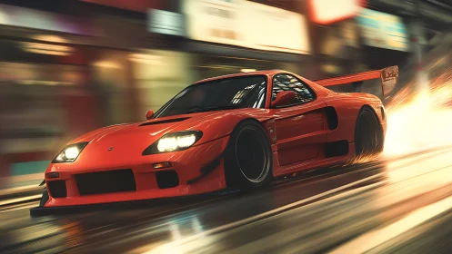 Scarlet street racer slicing neon midnight avenues.