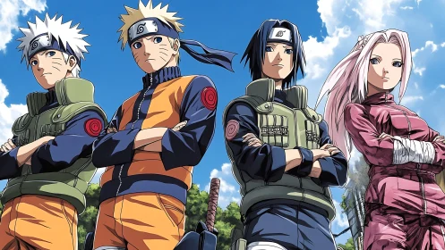 Four anime ninjas stand aligned under bright blue summer sky