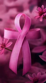 Pink awareness ribbon displayed among flowers on pink background.