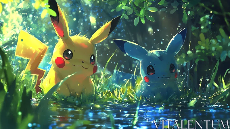 Pikachu pair rendered in luminous forest stream digital painting