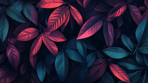 Neon foliage pattern with red and teal tropical leaves.
