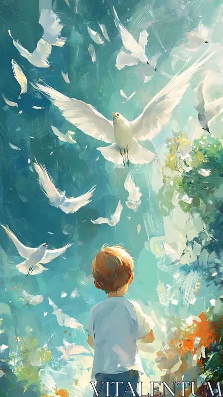 Young child watches doves rising into a luminous teal sky