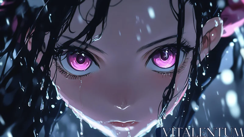 Rain-soaked gaze ignites twin magenta storms of resolve