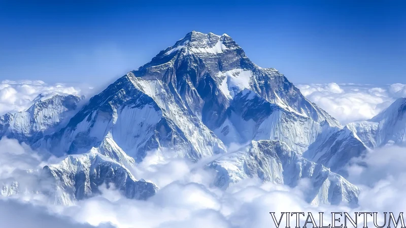 Snow crowned giant slices through clouds and sky-blue silence