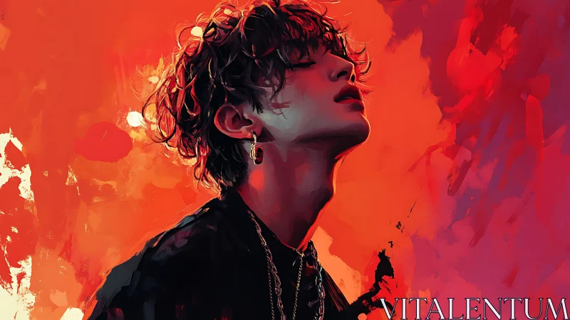 Portrait captures pensive youth against blazing red backdrop