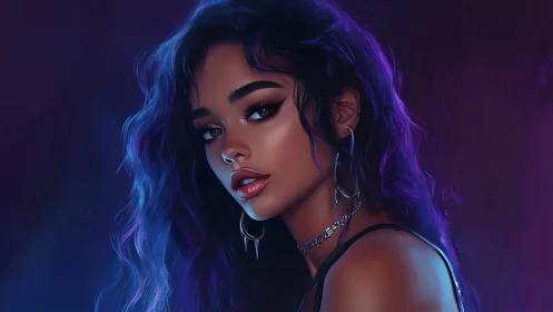 Digital portrait shows young woman with neon purple hair lighting