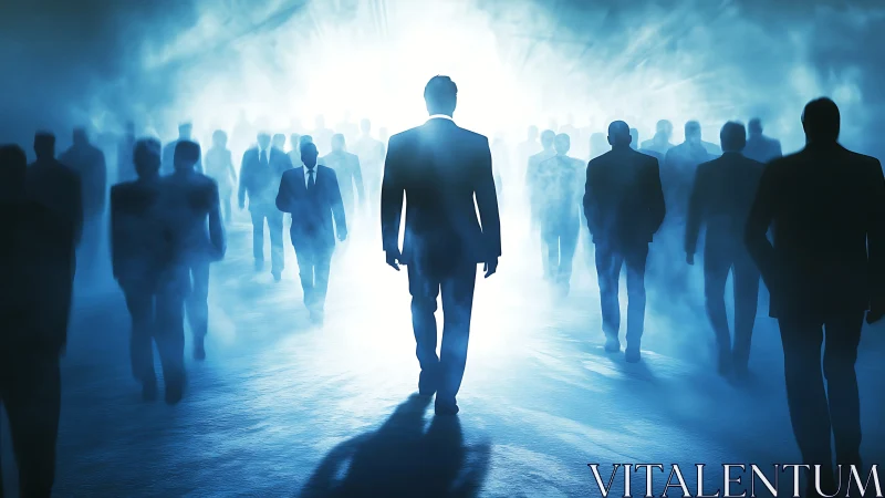 Silhouetted business crowd walking toward intense backlight.