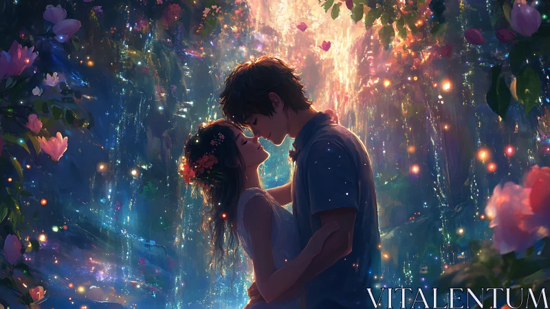 Romantic couple embracing in luminescent garden.