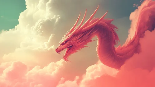 Iridescent pink sky dragon coiling through luminous pastel clouds