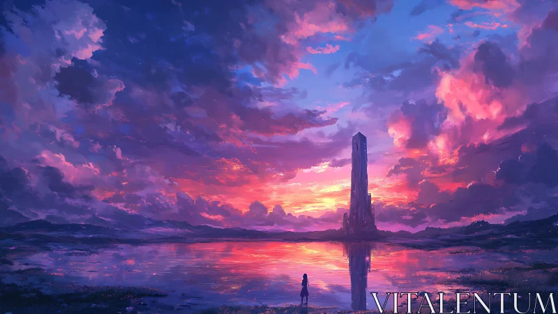Dreamy sunset tower reflected in calm, glowing waters.