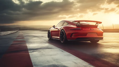 Track-tuned red sports coupe under low sun with wet asphalt reflections
