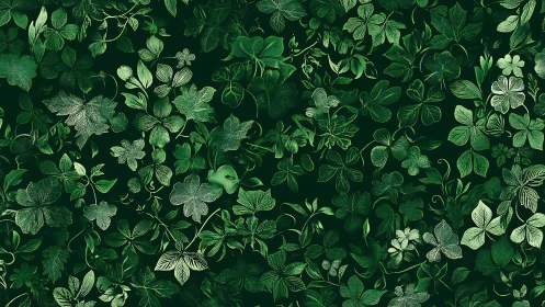 Dense green foliage pattern with overlapping botanical leaves.