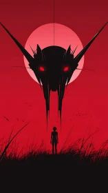 Silhouette faces alien mech under blood red moon.