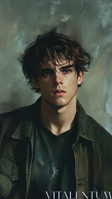 Brooding young man portrait in muted painterly tones.