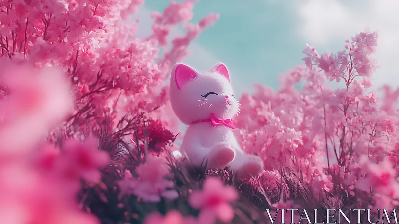 Soft-lit stylized cat figurine amid shallow-depth pink blossoms