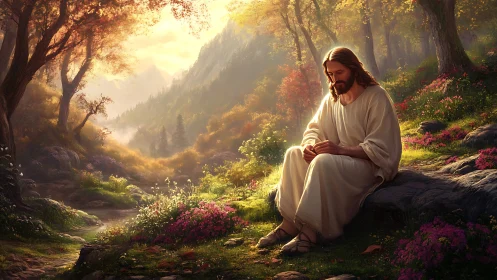 Solitary robed figure seated in sunlit forest clearing.