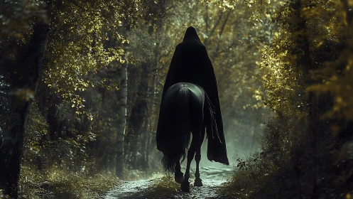 Hooded rider slips through a spelllit tunnel of autumn gloom
