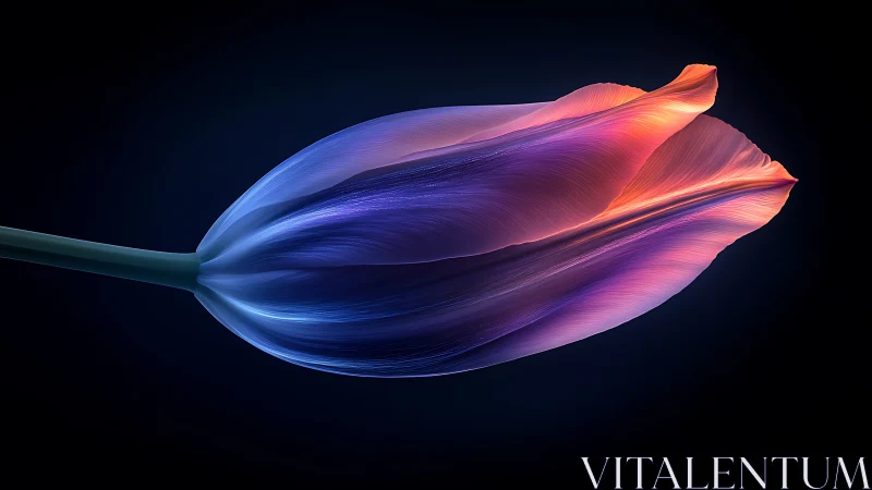 Bioluminescent tulip bud rendered as iridescent digital form