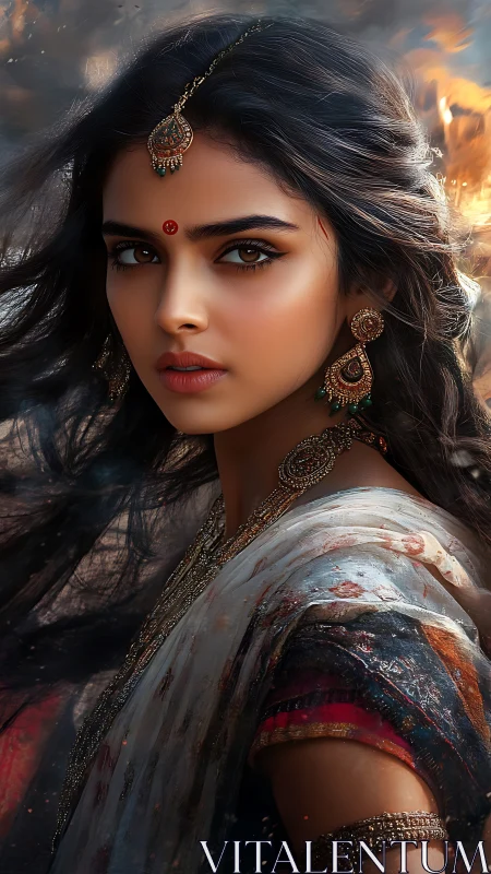 Graceful woman in flowing sari with soulful, steady gaze.