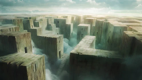 Monolithic stone labyrinth rising above misty chasms.