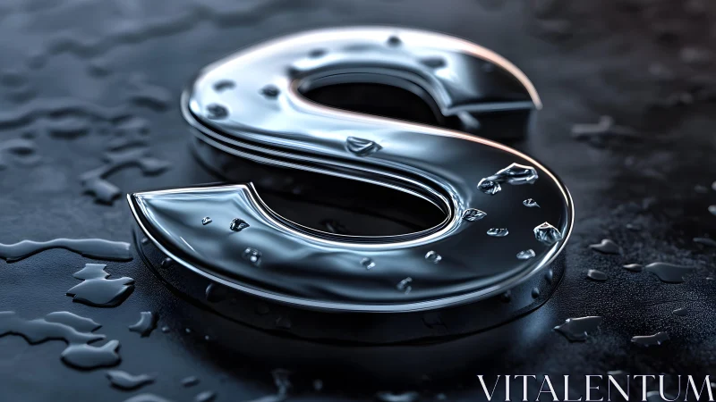 Metallic Letter S with Water Droplets in Photorealistic Style.