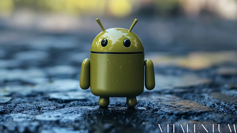 Glossy olive android mascot on wet cobblestone surface