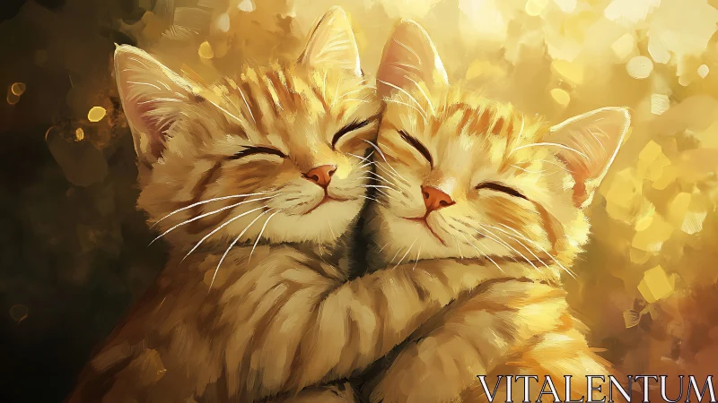 Two Golden Cats Resting Together in Warm Light.