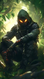 Silent cyber hunter rests in a glowing jungle lookout