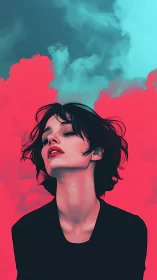 Dreamy portrait in bold pink and teal sky glow.