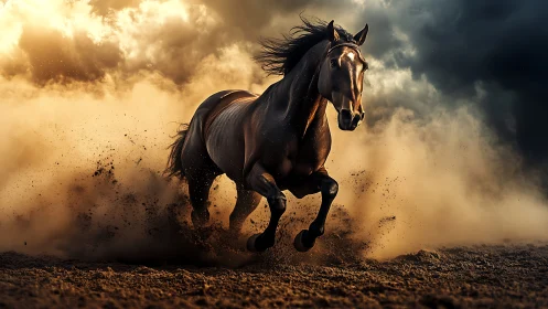 Dynamic equine sprint through turbulent atmospheric dust field.