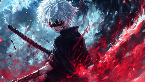 Bloodlit white-haired swordsman in high-energy anime combat.