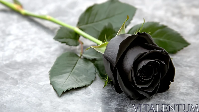 Black rose with green stem and leaves on grey textured surface