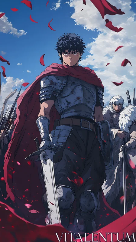 Armored anime swordsman stands amid red cape and petals