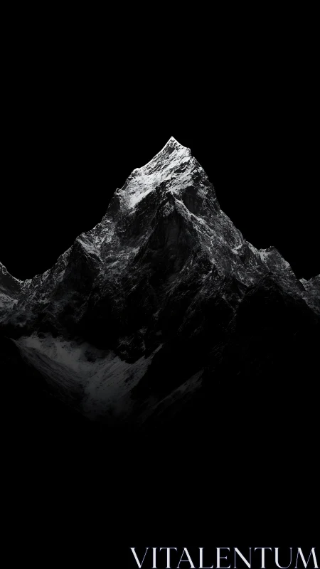 Silent snowy mountain peak glows gently in deep night
