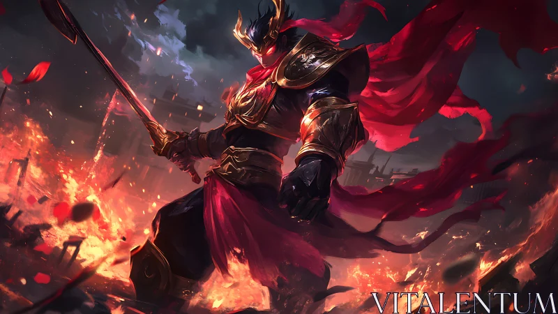 Firelit armored warrior wielding spear amid burning ruins.