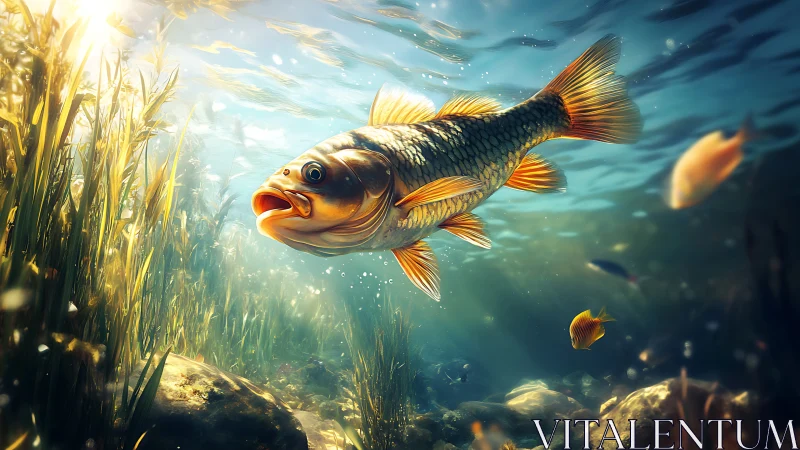 Sunlit freshwater fish in high-fidelity underwater ecosystem.