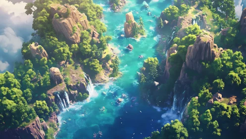 Aerial fantasy canyon river with waterfalls and lush cliffs