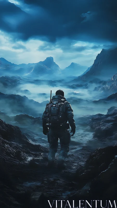 Solitary explorer stalks through misty blue alien highlands
