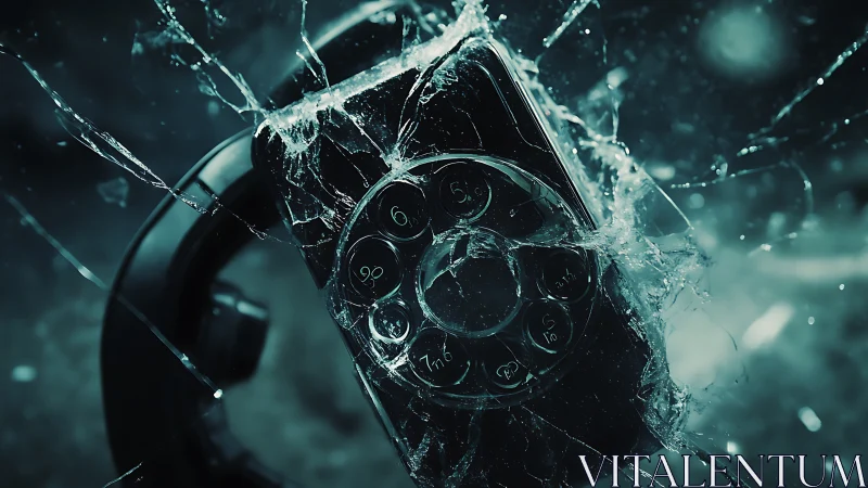 Rotary dial telephone collides with shattering glass surface