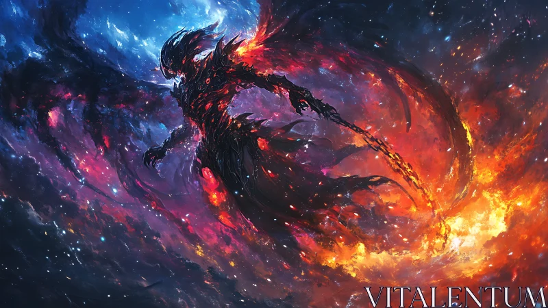 Cosmic fire-winged void entity amid bifurcated nebular vortex