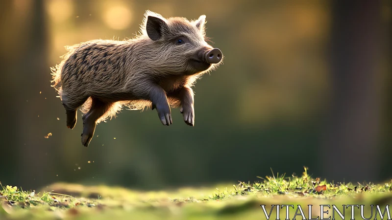 Young wild boar leaping through sunlit forest meadow.