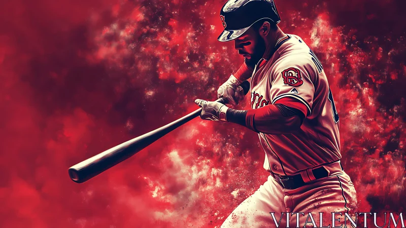 Digital rendering shows baseball batter mid-swing in red field