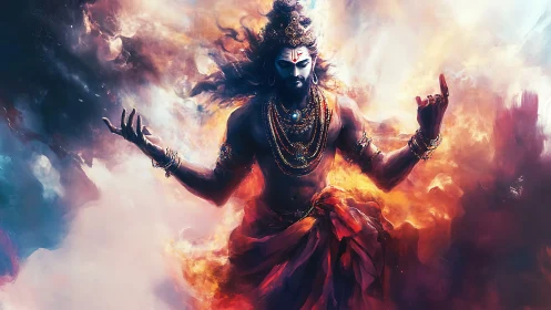 Powerful divine figure in swirling fiery cosmic clouds.