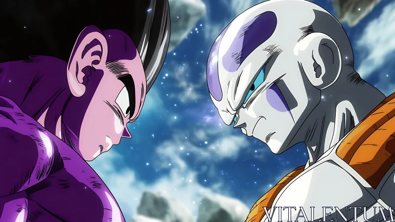 Two anime warriors glare in a tense cosmic battlefield standoff